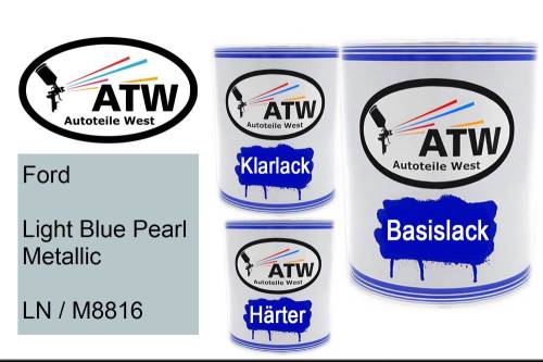 Ford, Light Blue Pearl Metallic, LN / M8816: 1L Lackdose + 1L Klarlack + 500ml Härter - Set, von ATW Autoteile West.